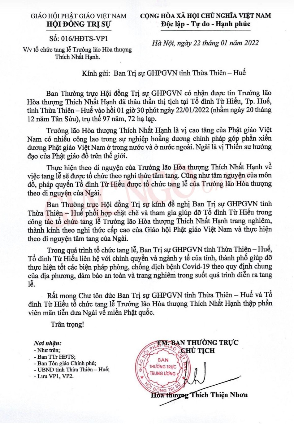 Ảnh bản công văn của Trung ương GHPGVN về việc tổ chức tang lễ của Thiền sư Thích Nhất Hạnh Ảnh bản công văn của Trung ương GHPGVN về việc tổ chức tang lễ của Thiền sư Thích Nhất Hạnh