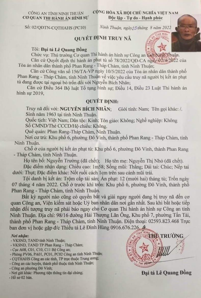 Quyết định truy nã của Công an tỉnh Ninh Thuận với đối tượng Nguyễn Bích Nhân Quyết định truy nã của Công an tỉnh Ninh Thuận với đối tượng Nguyễn Bích Nhân
