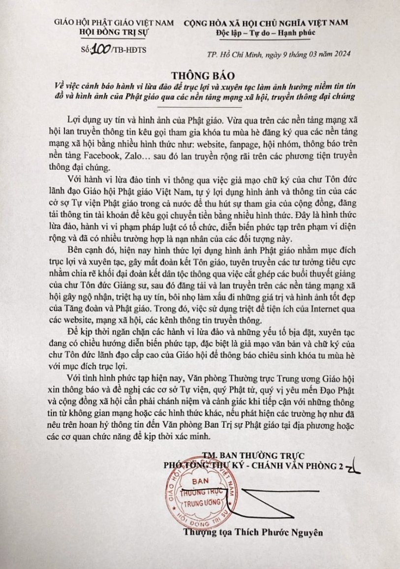 Ảnh bản Thông báo số 100/TB-HĐTS của Văn phòng Trung ương GHPGVN