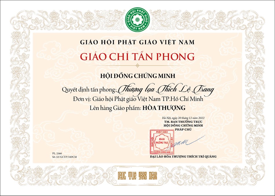 Mẫu Giáo chỉ tấn phong Hòa thượng mới được ban hành trong năm 2024 Mẫu Giáo chỉ tấn phong Hòa thượng mới được ban hành trong năm 2024