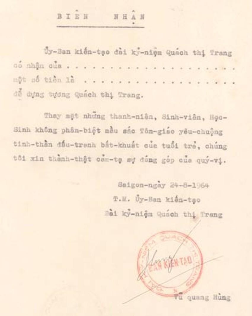 Mẫu biên nhận đóng góp xây dựng của Ban kiến tạo đài kỷ niệm Quách Thị Trang