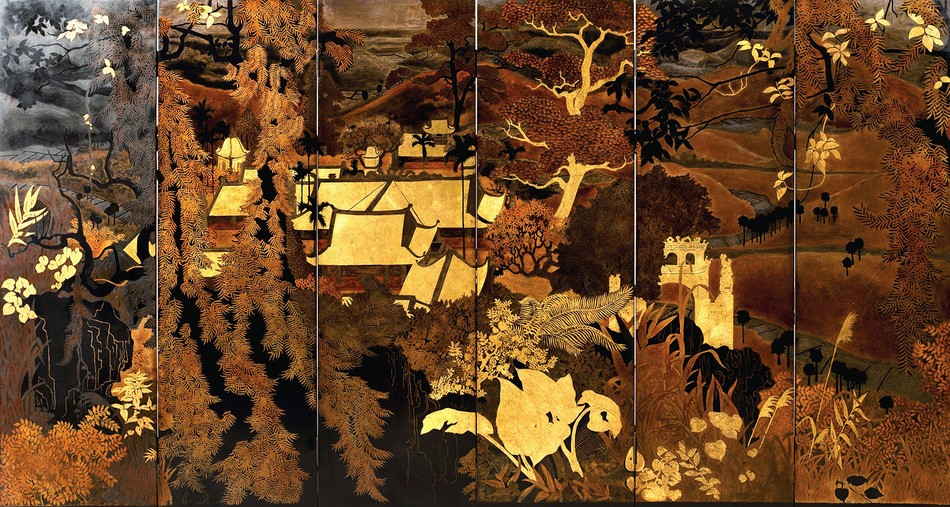 "Cảnh ngôi chùa cổ ở miền Bắc Việt Nam", sơn mài, Phạm Hậu (1903 - 1995) "Cảnh ngôi chùa cổ ở miền Bắc Việt Nam", sơn mài, Phạm Hậu (1903 - 1995)