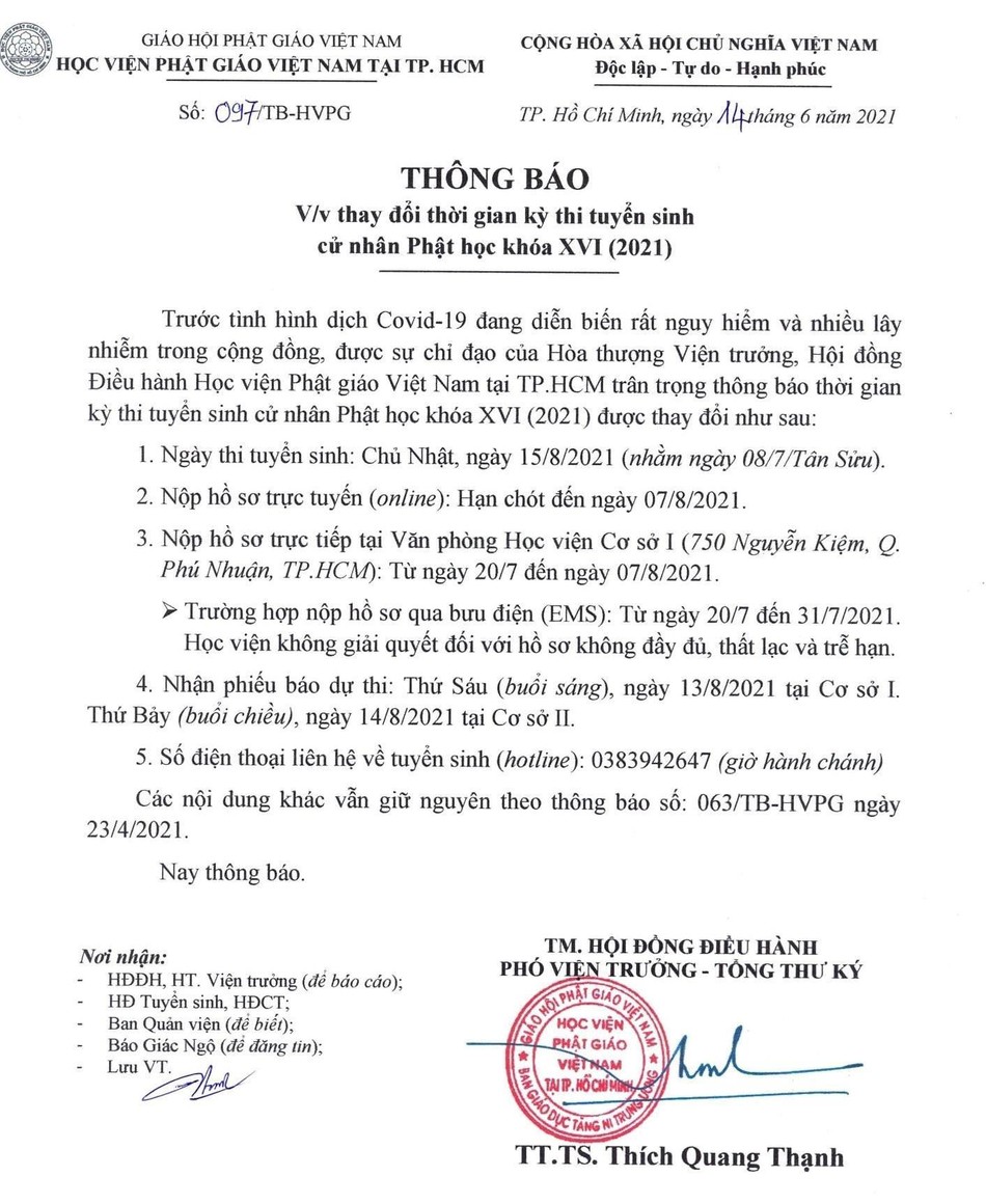 Thông báo của Học viên về thay đổi thời gian tuyển sinh cử nhân Phật học, ngày 14-6-2021 Thông báo của Học viên về thay đổi thời gian tuyển sinh cử nhân Phật học, ngày 14-6-2021