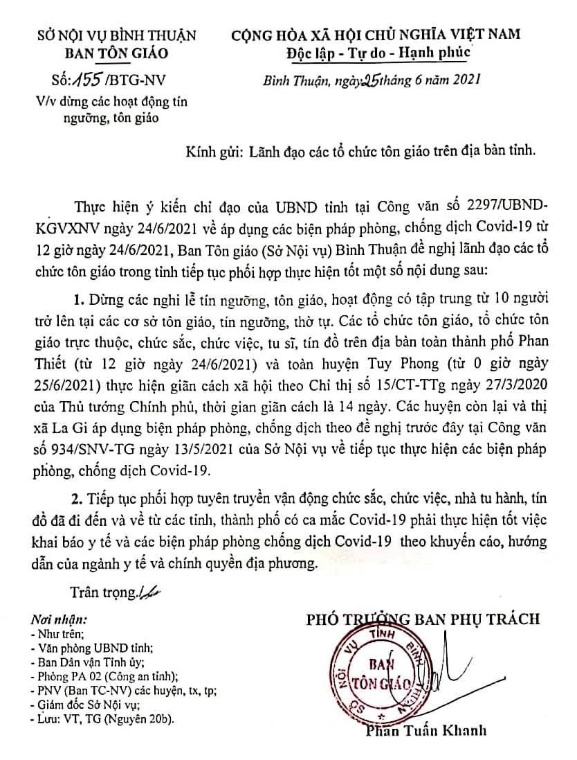 Công văn của Ban Tôn giáo tỉnh Bình Thuận ngày 25-6-2021 Công văn của Ban Tôn giáo tỉnh Bình Thuận ngày 25-6-2021