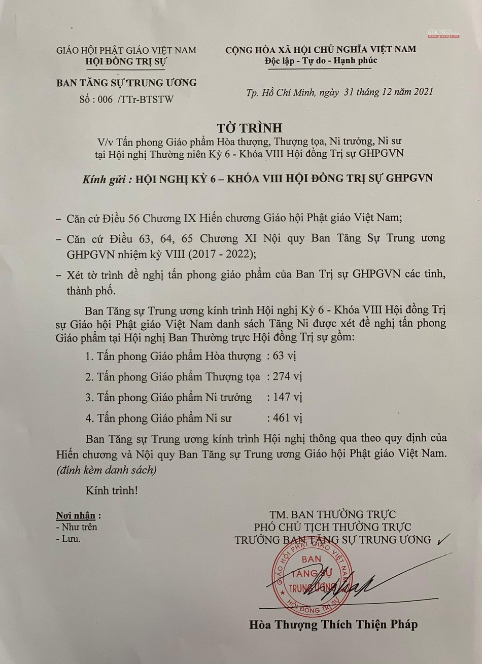 Tờ trình danh sách tấn phong giáo phẩm 945 vị Tăng Ni tại hội nghị kỳ 6 - Khóa VIII Hội đồng Trị sự