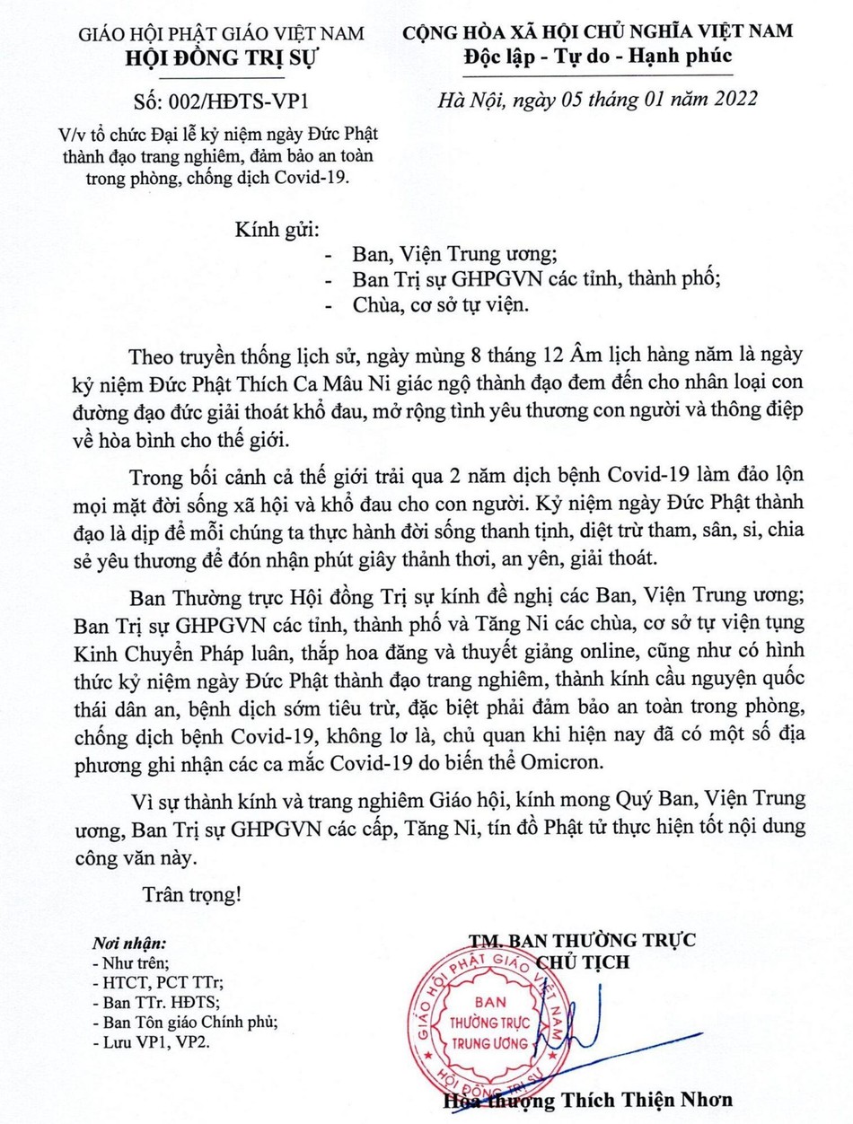 Công văn của Ban Thường trực Hội đồng Trị sự, ngày 5-1-2022 Công văn của Ban Thường trực Hội đồng Trị sự, ngày 5-1-2022