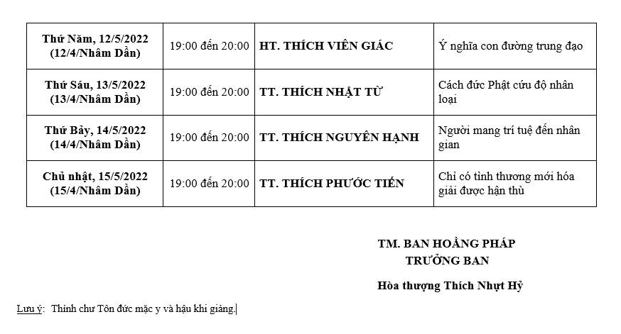Lịch thuyết giảng của Ban Hoằng pháp GHPGVN TP.CHM trong Tuần Phật đản Lịch thuyết giảng của Ban Hoằng pháp GHPGVN TP.CHM trong Tuần Phật đản