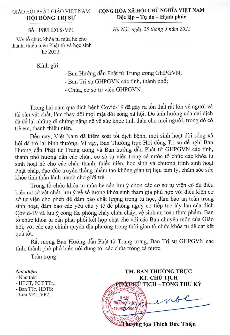 Công văn do Thượng tọa Thích Đức Thiện ký, phổ biến ngày 25-5-2022