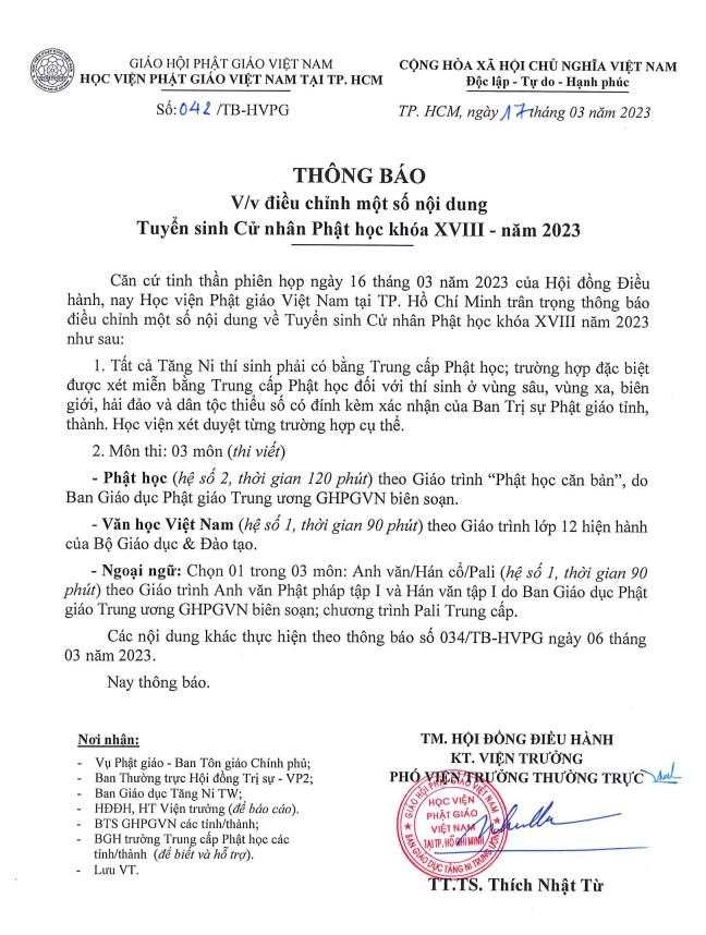 Thông báo điều chỉnh của Hội đồng Điều hành Học viện Phật giáo VN tại TP.HCM Thông báo điều chỉnh của Hội đồng Điều hành Học viện Phật giáo VN tại TP.HCM