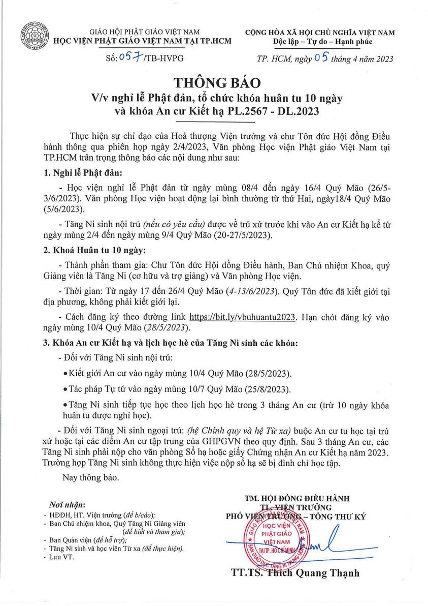 Thông báo của Học viện Phật giáo VN tại TP.HCM