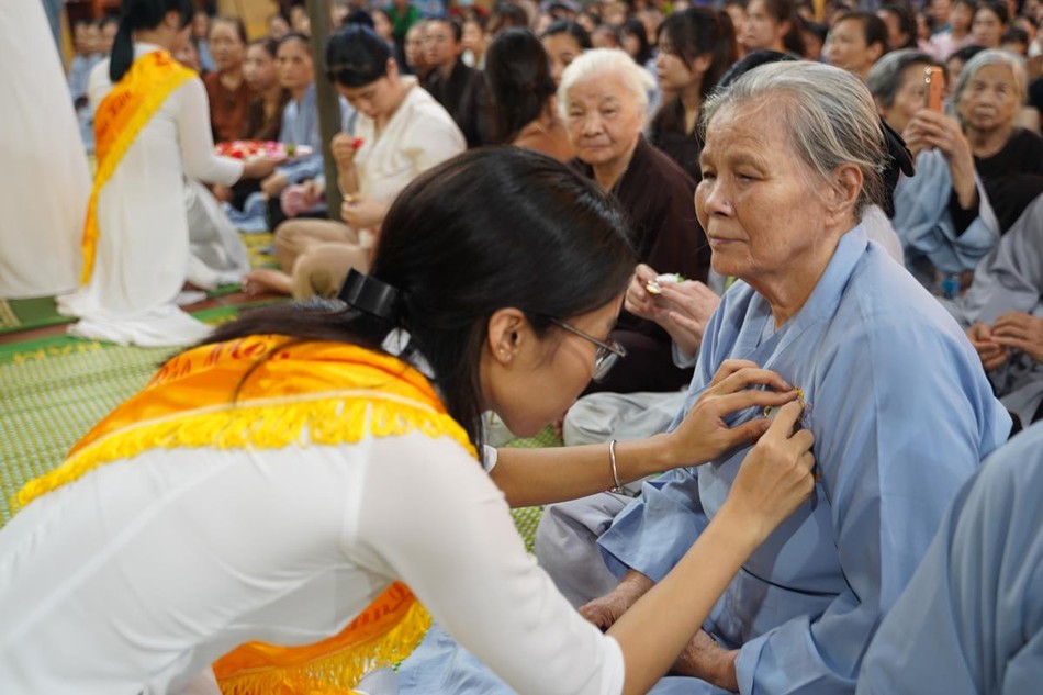 Phật tử cài hoa hồng Vu lan Phật tử cài hoa hồng Vu lan