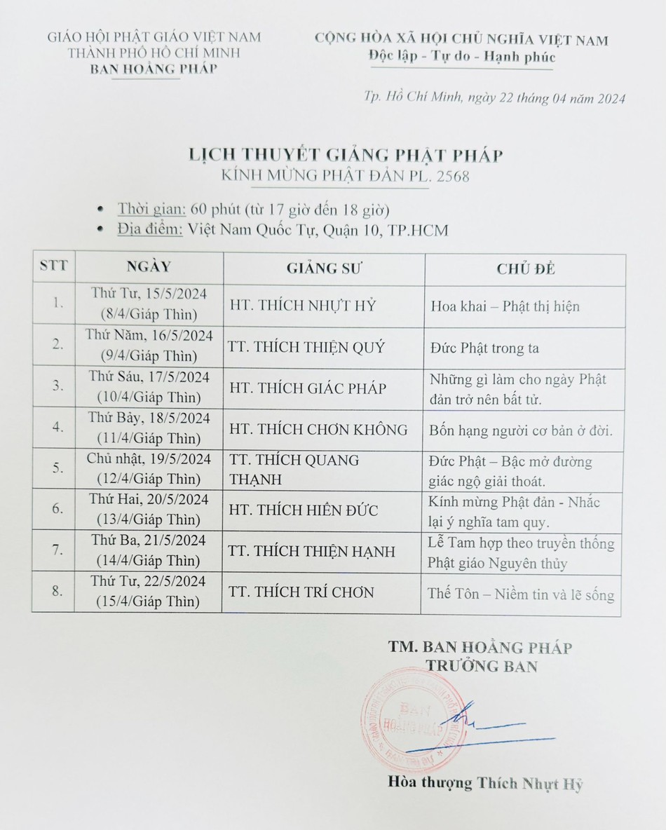 Lịch thuyết giảng tại Việt Nam Quốc Tự