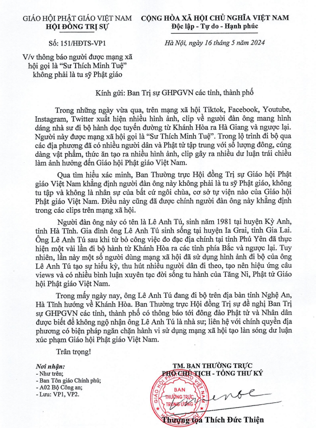 Công văn do Thượng tọa Thích Đức Thiện ký, ngày 16-5-2024