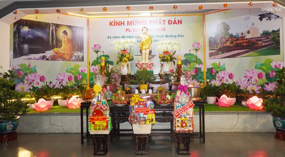 Lễ đài tại chùa Huỳnh Kim nơi sẽ diễn ra Đại lễ Phật đản Phật giáo quận vào sang 14-4-Qúy Mão