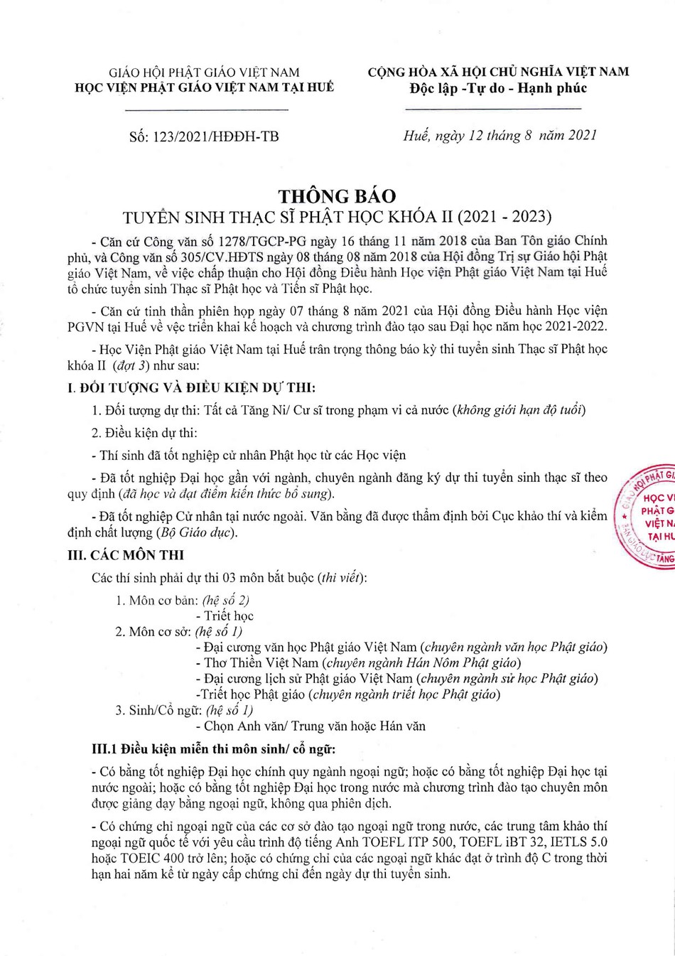 Thông báo Tuyền sinh Thạc sĩ Phật học khóa II (2021-2023) của Học viện Phật giáo VN tại Huế