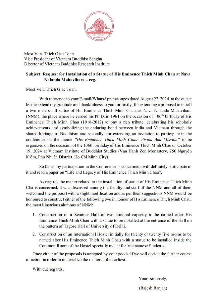 Thư phúc đáp của Nava Nalanda Mahavihara Thư phúc đáp của Nava Nalanda Mahavihara