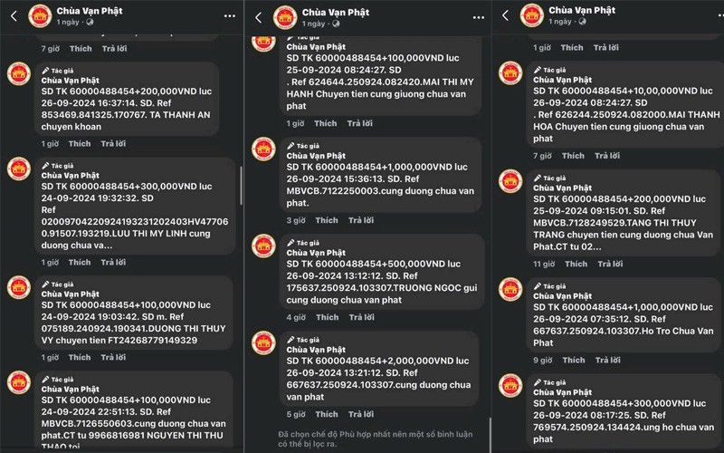 Thông tin một số giao dịch qua ngân hàng tiền chuyển vào tài khoản của kẻ xấu mạo danh "Sư Tăng" chùa Vạn Phật kêu gọi quyên góp, hùn phước Thông tin một số giao dịch qua ngân hàng tiền chuyển vào tài khoản của kẻ xấu mạo danh "Sư Tăng" chùa Vạn Phật kêu gọi quyên góp, hùn phước