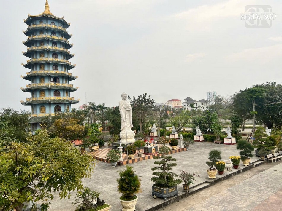 Sân chùa được lát gạch, hai bên là hàng cây xanh tỏa bóng mát, tạo nên không gian yên bình cho những ai muốn tìm về nương tựa