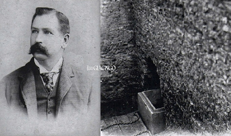 Kỹ sư Peppé và hình ảnh chiếc hòm bằng đá được khai quật - Ảnh: Gia đình của Peppé cung cấp cho The Piprāhwā Project Kỹ sư Peppé và hình ảnh chiếc hòm bằng đá được khai quật - Ảnh: Gia đình của Peppé cung cấp cho The Piprāhwā Project