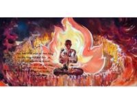 Đuốc sáng Thích Quảng Đức, tranh sơn dầu của họa sĩ Huỳnh Phương Đông. Ảnh: H.SƠN Đuốc sáng Thích Quảng Đức, tranh sơn dầu của họa sĩ Huỳnh Phương Đông. Ảnh: H.SƠN