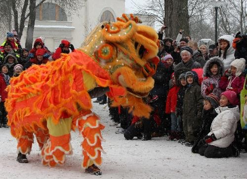 People watch lion dance during a celebration for the Chinese
            Spring Festival, or lunar New Year, in Stockholm, capital of Sweden, on
            Feb. 13, 2010