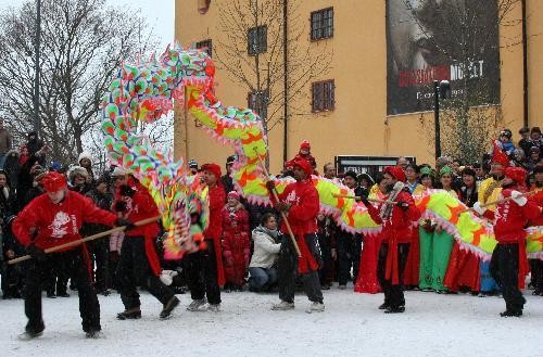 Swedish kungfu learners perform dragon dance during a celebration
            for the Chinese Spring Festival, or lunar New Year, in Stockholm,
            capital of Sweden, on Feb. 13, 2010. 