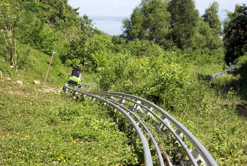 Tượng Phật khổng lồ trên ngọn núi cao 250 m ảnh 10 Trò chơi "Alphine Coaster" theo công nghệ Đức của khu Hồ Mây - Núi Lớn thu hút rất nhiều du khách. Đây là trò giải trí thú vị và an toàn khi người chơi tự điều khiển xe trượt chạy ngoằn nghèo theo đường ray nằm ẩn giữa những tán cây xanh.