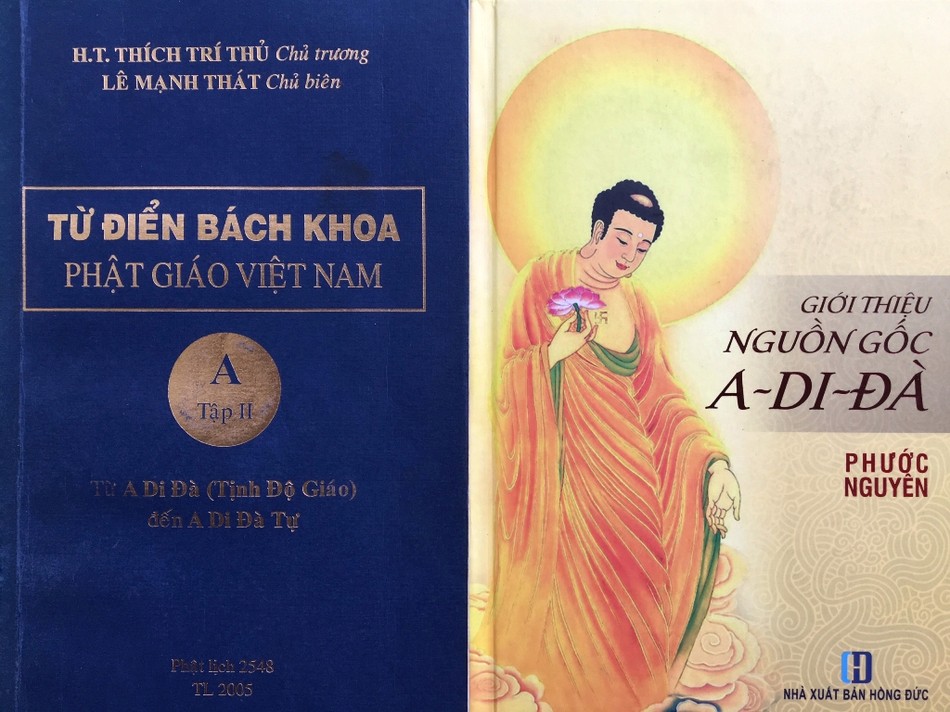 Từ điển "Bách khoa Phật giáo Việt Nam" tập II, bản tái nhập liệu và in năm 2005; bên cạnh là cuốn "Giới thiệu nguồn gốc A-di-đà", Nxb.Hồng Đức, 2018 IMG_5176-3aaa.jpg